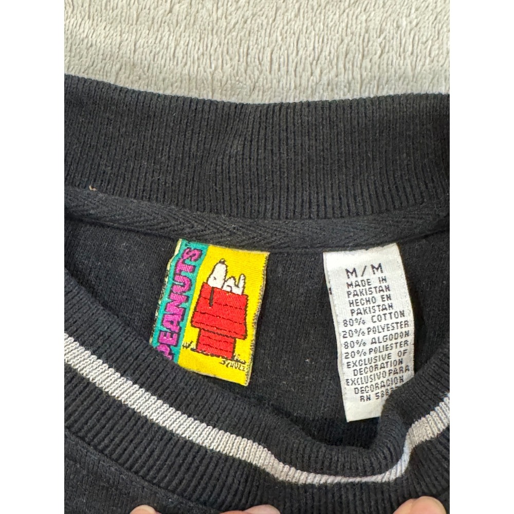 Vintage Peanuts Snoopy Sweatshirt Colorblock Embroidered Pouch Pocket Black M - Picture 2 of 7
